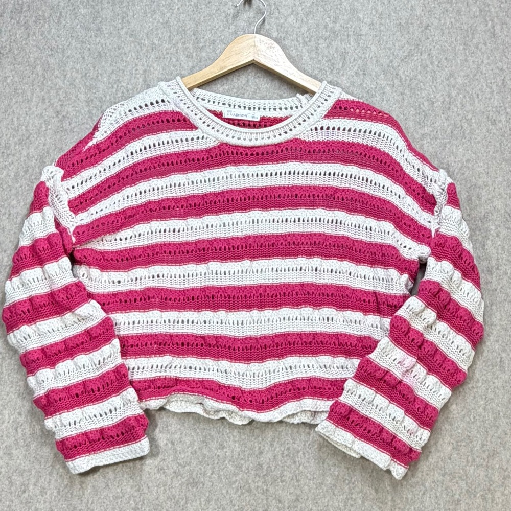 89th + Madison Pink White Striped Open Knit Cropped Sweater XS Crochet Casual
